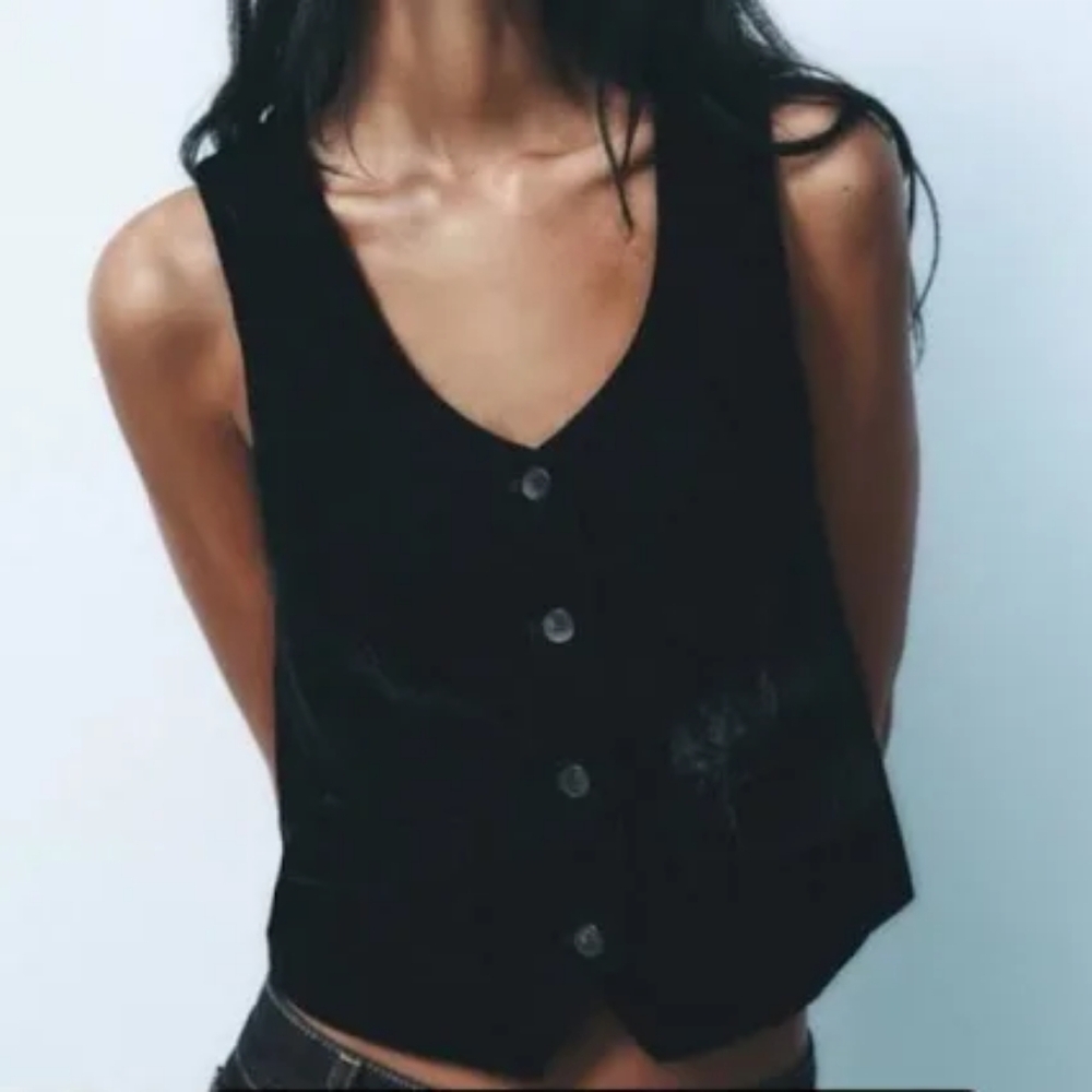 Zara- Black Velvet Button-Up Vest